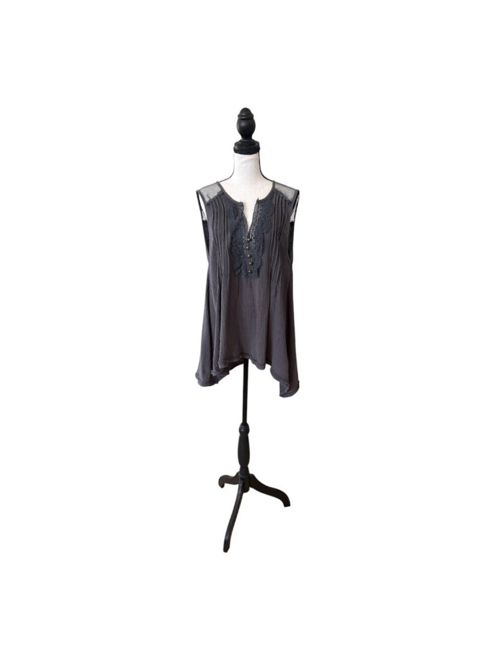 POL Clothing Gauze Tank Top Flowy Mesh Accents Lace 100% Cotton Size Large